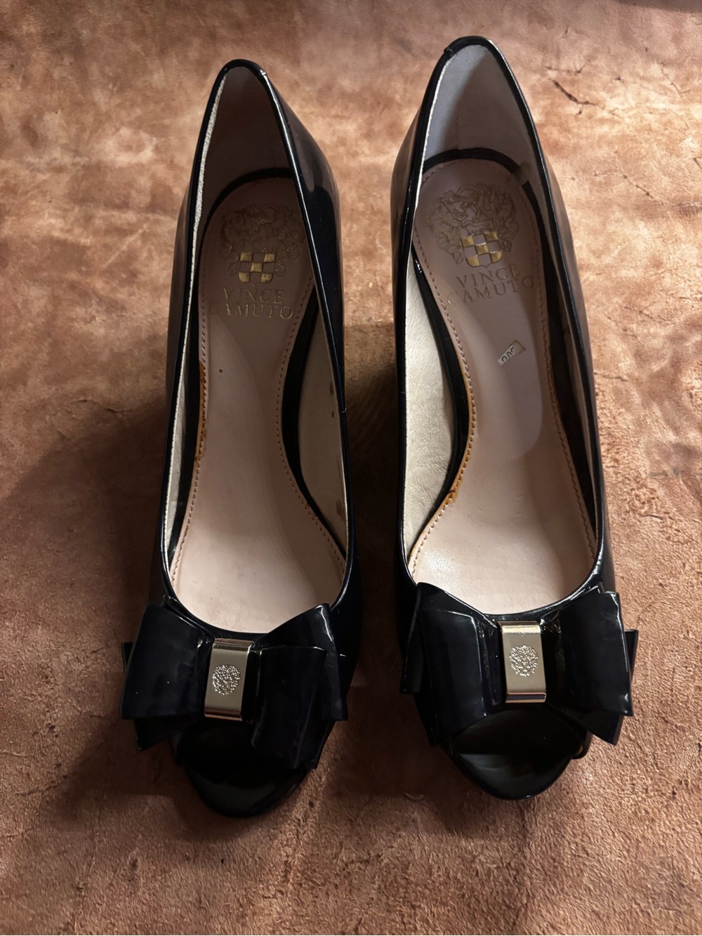 Vince Camuto Black Patent Peep-Toe Bow Pumps with Gold Accent